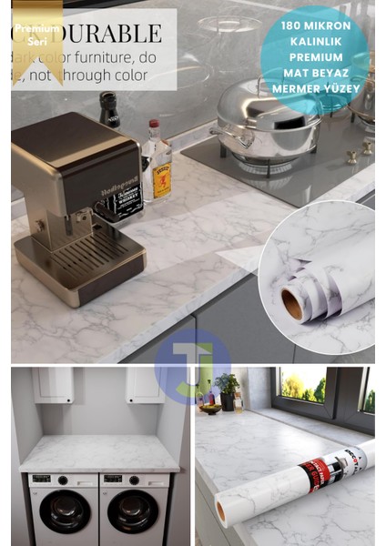 Kendinden Yapışkanlı Mat Mermer Desen Folyo Mutfak Banyo Tezgah Duvar Kaplama 60 cm x 500 cm Beyaz