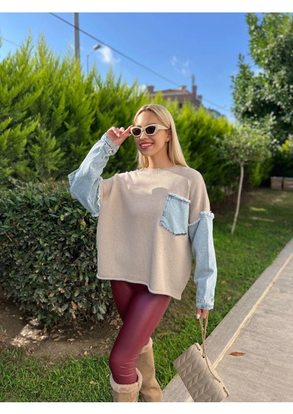 Denim Detaylı Triko Kazak