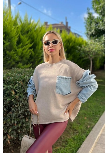 Denim Detaylı Triko Kazak fiyatları