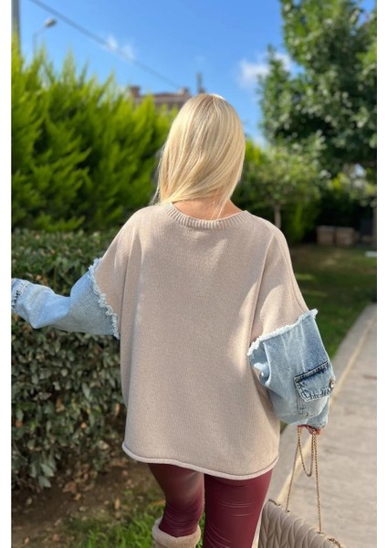 Denim Detaylı Triko Kazak modelleri