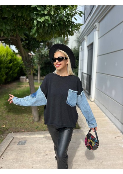 Denim Detaylı Triko Kazak