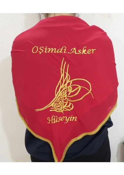 Kırmızı - Yeşil Şifon Tuğra Asker Yareni ve O Şimdi Asker Gold Nakış Işlemeli Kına - Damat - Asker Omuz Şalı Atkısı Isme Özel