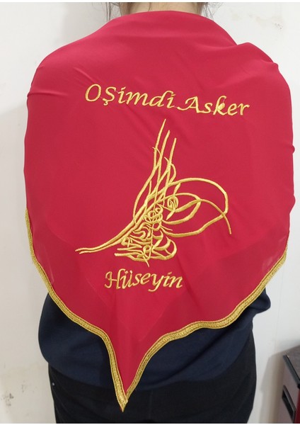 Kırmızı - Yeşil Şifon Tuğra Asker Yareni ve O Şimdi Asker Gold Nakış Işlemeli Kına - Damat - Asker Omuz Şalı Atkısı Isme Özel modelleri