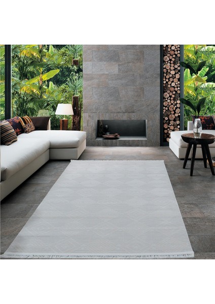 8359A Krem Saçaklı Bohem Modern Iskandinav Dokuma Halı Oturma Odası - Salon