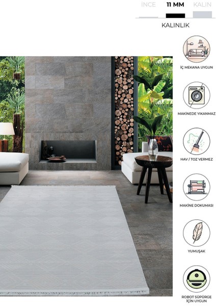 8359A Krem Saçaklı Bohem Modern Iskandinav Dokuma Halı Oturma Odası - Salon