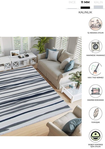 8358A Gri-Mavi Saçaklı Bohem Modern Iskandinav Dokuma Halı Oturma Odası - Salon