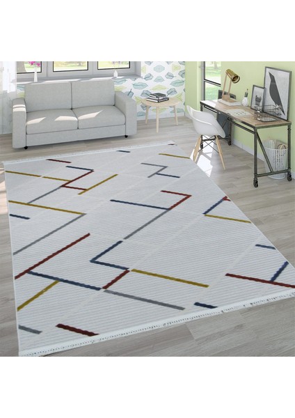 8426A Renkli Saçaklı Bohem Modern Iskandinav Dokuma Halı Oturma Odası - Salon