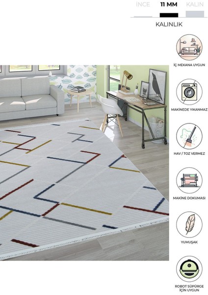 8426A Renkli Saçaklı Bohem Modern Iskandinav Dokuma Halı Oturma Odası - Salon