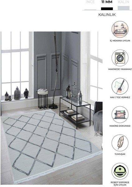 8363A Krem-Gri Saçaklı Bohem Modern Iskandinav Dokuma Halı Oturma Odası - Salon