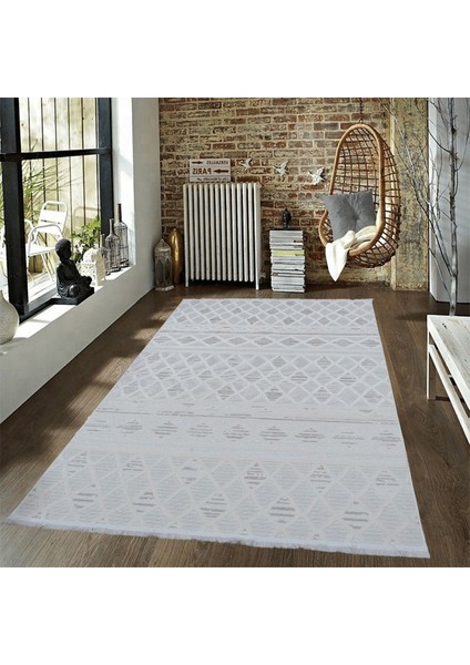 8367A Krem-Vizon Saçaklı Bohem Modern Iskandinav Dokuma Halı Oturma Odası - Salon
