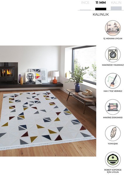 8425A Renkli Saçaklı Bohem Modern Iskandinav Dokuma Halı Oturma Odası - Salon