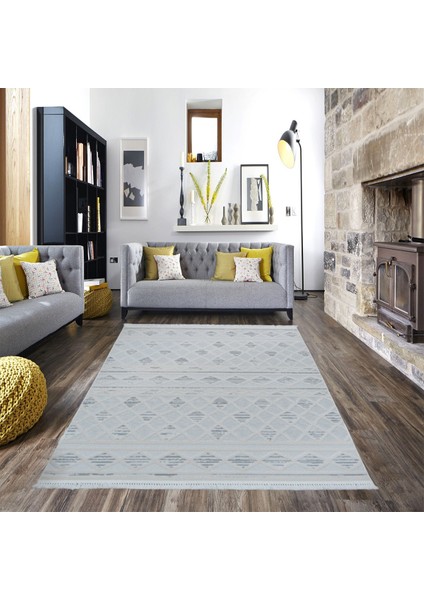 8367A Krem-Gri Saçaklı Bohem Modern Iskandinav Dokuma Halı Oturma Odası - Salon