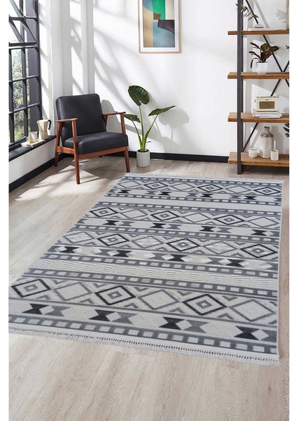 8397A Krem-Gri Saçaklı Bohem Modern Iskandinav Dokuma Halı Oturma Odası - Salon