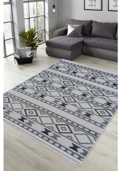 8397A Krem-Gri Saçaklı Bohem Modern Iskandinav Dokuma Halı Oturma Odası - Salon