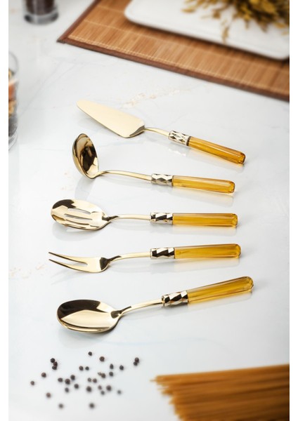 Robinanka 5 Parça Gold Servis Seti & Servis Sunum Seti Amber ( Kepçe / Kevgir / Sıpatula / Çatal / Kaşık )
