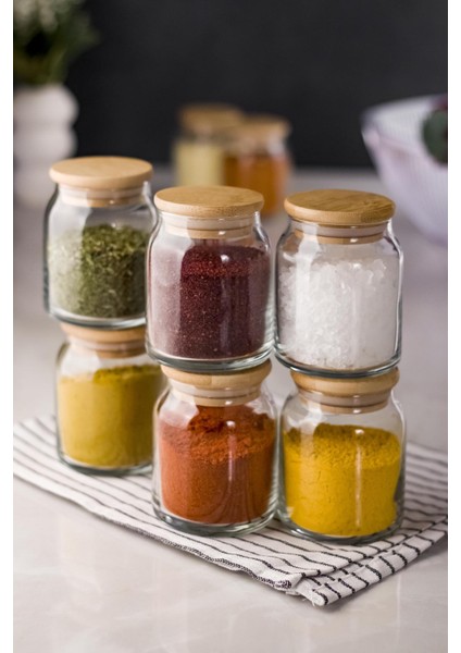 Robinanka 6 Lı Set Bambu Kapaklı Cam Kavanoz & Baharat Takımı & Baharatlık 200 ml ( Vakum Kapak )