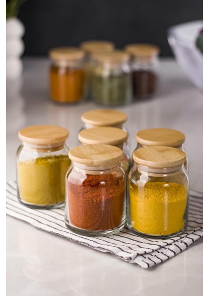 Robinanka 6 Lı Set Bambu Kapaklı Cam Kavanoz & Baharat Takımı & Baharatlık 200 ml ( Vakum Kapak )