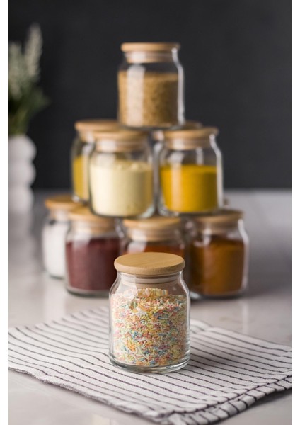 Robinanka 6 Lı Set Bambu Kapaklı Cam Kavanoz & Baharat Takımı & Baharatlık 200 ml ( Vakum Kapak )