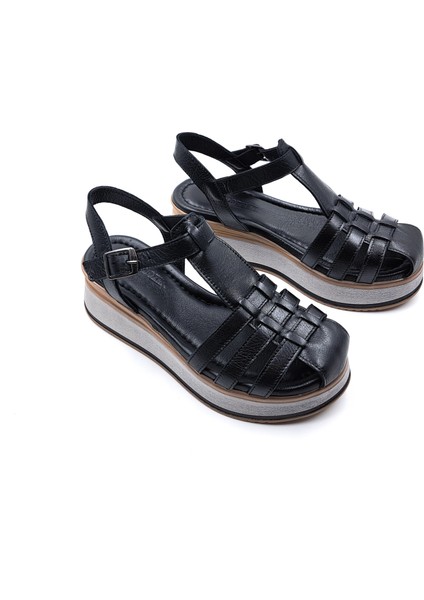 B251773 Deri Dolgu Taban Kadın Siyah Burnu Kapalı Konfor Sandalet fiyatları