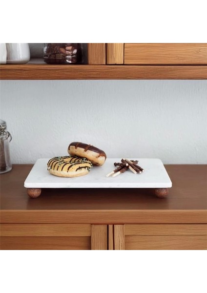 Mermer Beyaz 30X20 cm Ahşap Boncuk Ayaklı Sunumluk