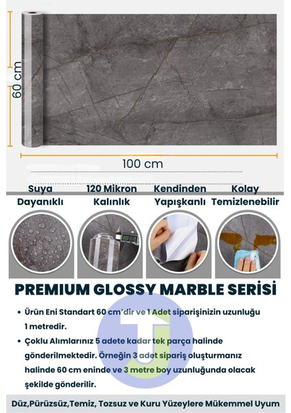 Kendinden Yapışkanlı Mermer Desen Folyo Mutfak Banyo Tezgah Duvar Kaplama 60 cm x 100 cm Koyu Gri