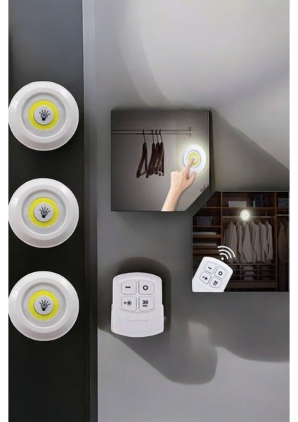 Spot Lamba LED Işık 3'lü Uzaktan Kumandalı Pilli Yapışkanlı Kablosuz