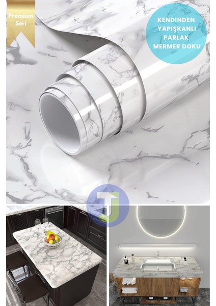Kendinden Yapışkanlı Mermer Desen Folyo Mutfak Banyo Tezgah Duvar Kaplama 60 cm x 500 cm Beyaz