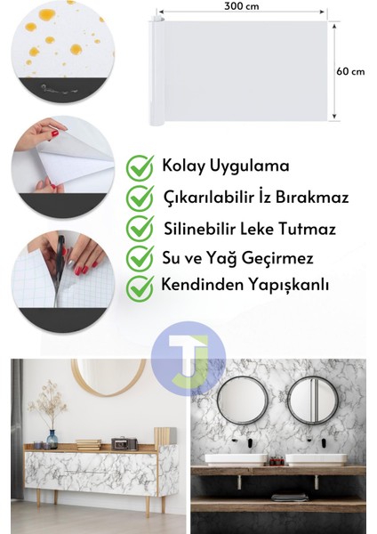 Kendinden Yapışkanlı Mermer Desen Folyo Mutfak Banyo Tezgah Duvar Kaplama 60 cm x 300 cm Beyaz