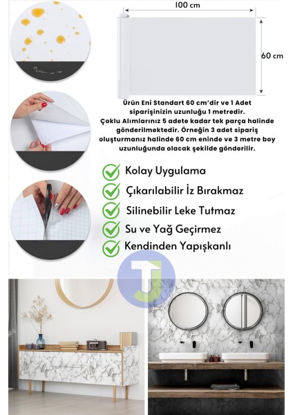 Kendinden Yapışkanlı Mermer Desen Folyo Mutfak Banyo Tezgah Duvar Kaplama 60 cm x 100 cm Beyaz