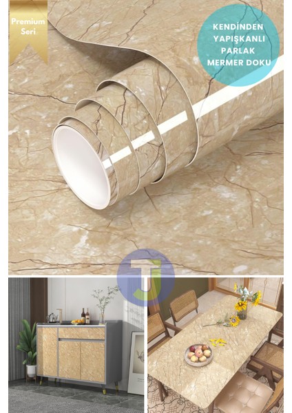 Kendinden Yapışkanlı Mermer Desen Folyo Mutfak Banyo Tezgah Duvar Kaplama 60 cm x 500 cm Sarı