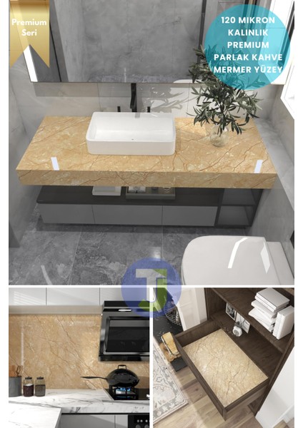 Kendinden Yapışkanlı Mermer Desen Folyo Mutfak Banyo Tezgah Duvar Kaplama 60 cm x 500 cm Sarı