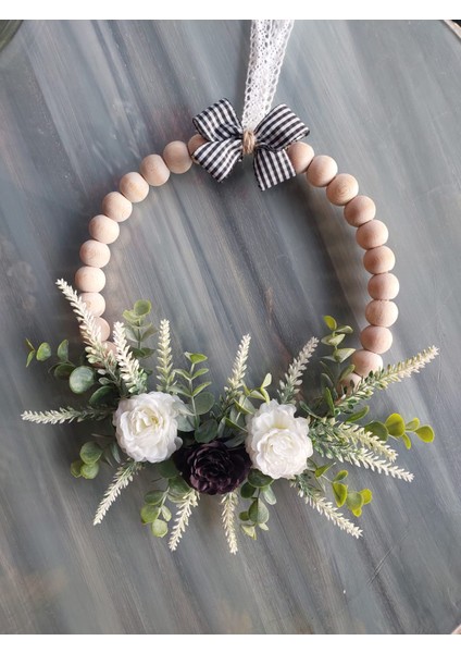 Ahşap Boncuklu Lavanta Temalı Kapı Süsü 25 Cm, Duvar Süsü, Dekor