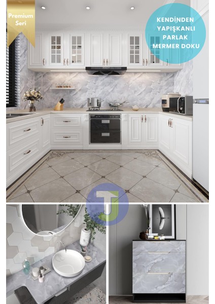 Kendinden Yapışkanlı Mermer Desen Folyo Mutfak Banyo Tezgah Duvar Kaplama 60 cm x 500 cm Açık Gri