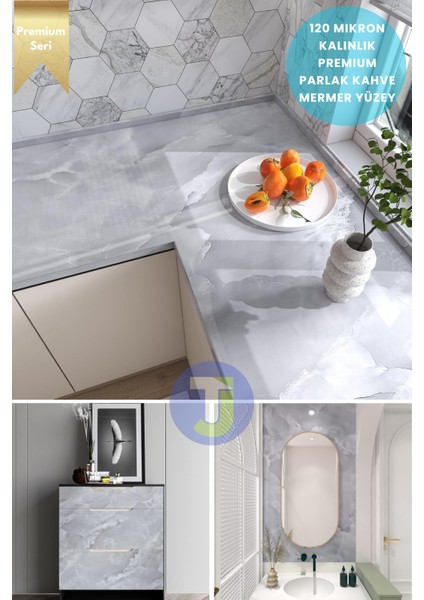 Kendinden Yapışkanlı Mermer Desen Folyo Mutfak Banyo Tezgah Duvar Kaplama 60 cm x 500 cm Açık Gri