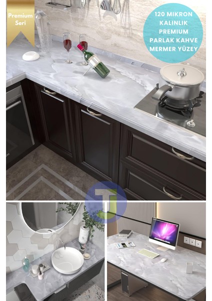 Kendinden Yapışkanlı Mermer Desen Folyo Mutfak Banyo Tezgah Duvar Kaplama 60 cm x 500 cm Açık Gri
