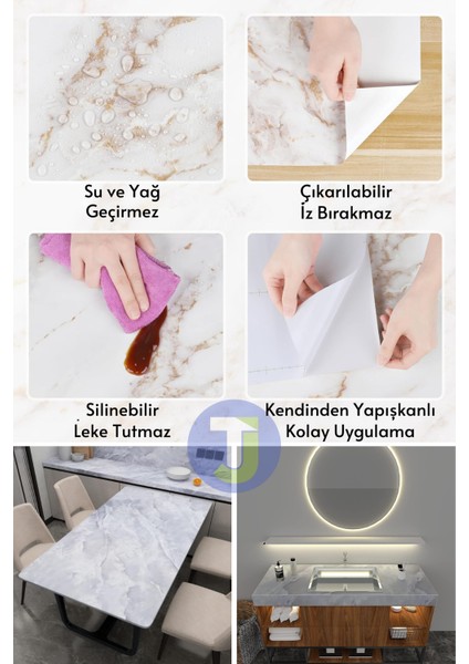 Kendinden Yapışkanlı Mermer Desen Folyo Mutfak Banyo Tezgah Duvar Kaplama 60 cm x 500 cm Açık Gri