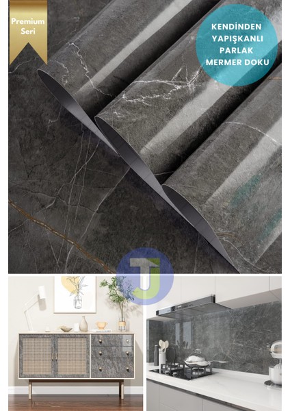 Kendinden Yapışkanlı Mermer Desen Folyo Mutfak Banyo Tezgah Duvar Kaplama 60 cm x 500 cm Koyu Gri
