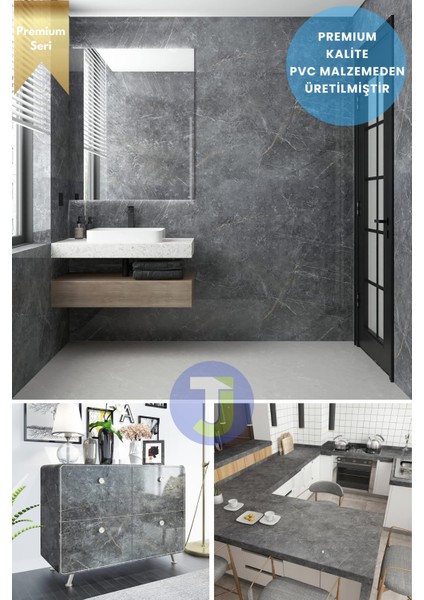 Kendinden Yapışkanlı Mermer Desen Folyo Mutfak Banyo Tezgah Duvar Kaplama 60 cm x 500 cm Koyu Gri