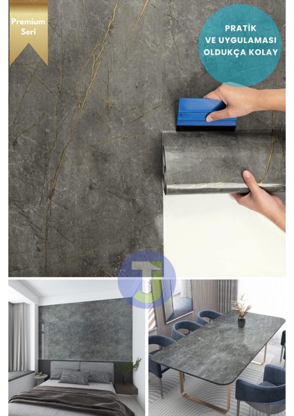 Kendinden Yapışkanlı Mermer Desen Folyo Mutfak Banyo Tezgah Duvar Kaplama 60 cm x 500 cm Koyu Gri