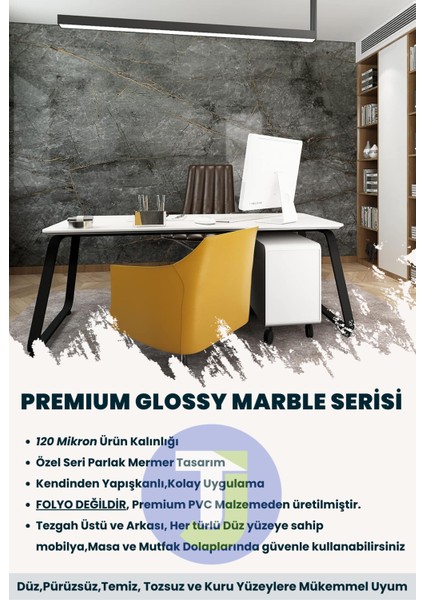 Kendinden Yapışkanlı Mermer Desen Folyo Mutfak Banyo Tezgah Duvar Kaplama 60 cm x 500 cm Koyu Gri