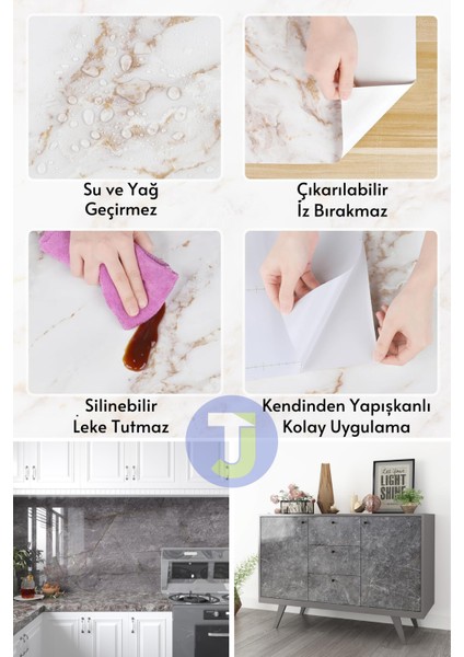 Kendinden Yapışkanlı Mermer Desen Folyo Mutfak Banyo Tezgah Duvar Kaplama 60 cm x 500 cm Koyu Gri