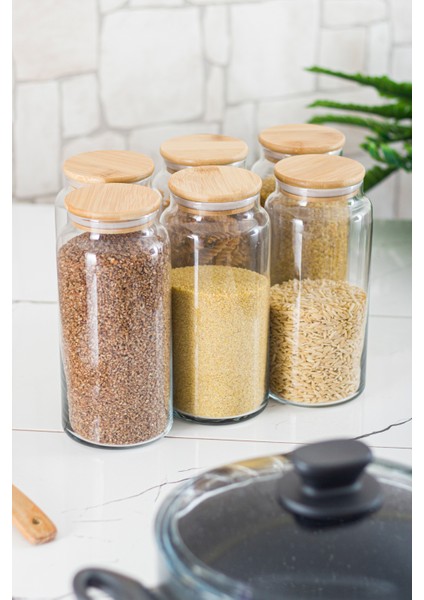 Robinanka 6 Lı Set Bambu Kapaklı Cam Kavanoz & Erzak Saklama Kabı 1.300 ml Büyük Boy ( Vakum Kapak )