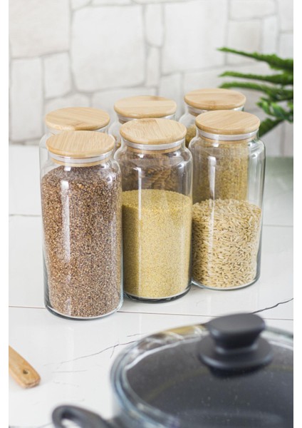 Robinanka 6 Lı Set Bambu Kapaklı Cam Kavanoz & Erzak Saklama Kabı 1.300 ml Büyük Boy ( Vakum Kapak )