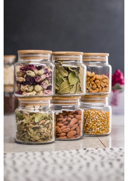 Robinanka 6 Lı Set Bambu Kapaklı Cam Kavanoz & Baharat Takımı & Baharatlık 500 ml ( Vakum Kapak )
