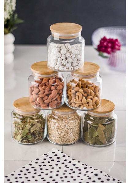 Robinanka 6 Lı Set Bambu Kapaklı Cam Kavanoz & Baharat Takımı & Baharatlık 500 ml ( Vakum Kapak )