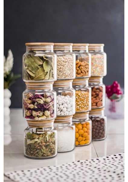 Robinanka 12 Li Set Bambu Kapaklı Cam Kavanoz & Baharat Takımı & Baharatlık 500 ml ( Vakum Kapak )