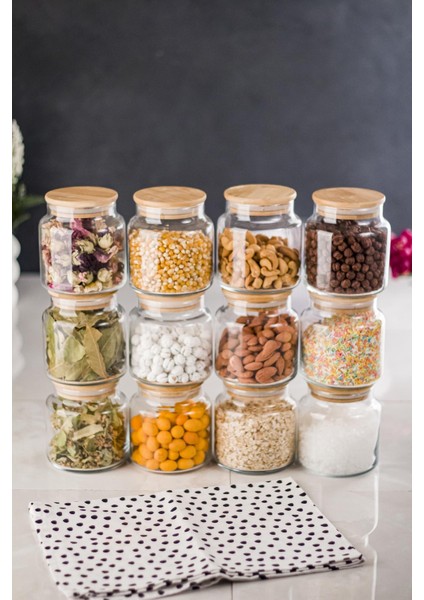 Robinanka 12 Li Set Bambu Kapaklı Cam Kavanoz & Baharat Takımı & Baharatlık 500 ml ( Vakum Kapak )