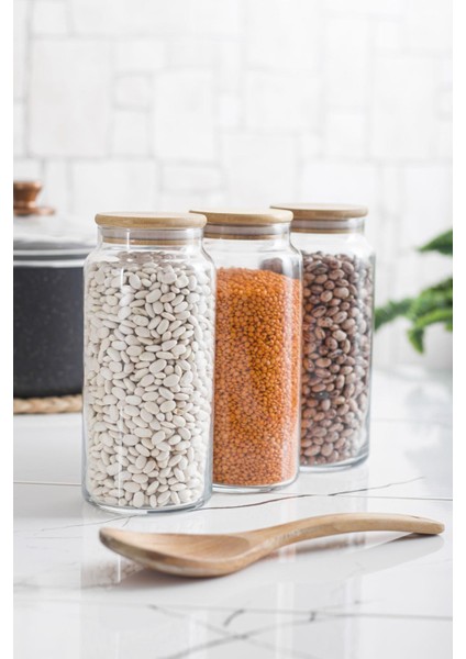 Robinanka 3 Lü Set Bambu Kapaklı Cam Kavanoz & Erzak Saklama Kabı 1.300 ml Büyük Boy ( Vakum Kapak )