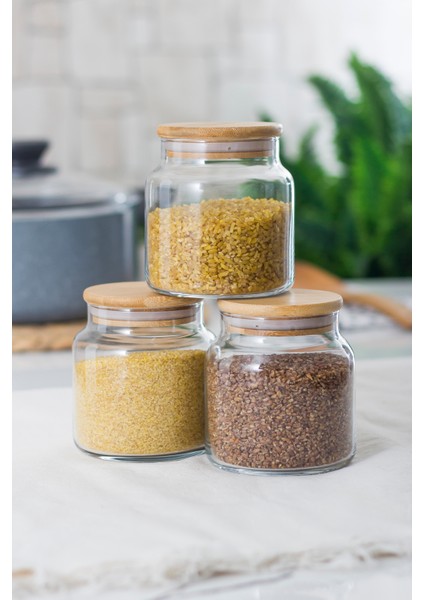 Robinanka 3'lü Set Bambu Kapaklı Cam Kavanoz & Erzak Saklama Kabı 500 ml Küçük Boy ( Vakum Kapak )