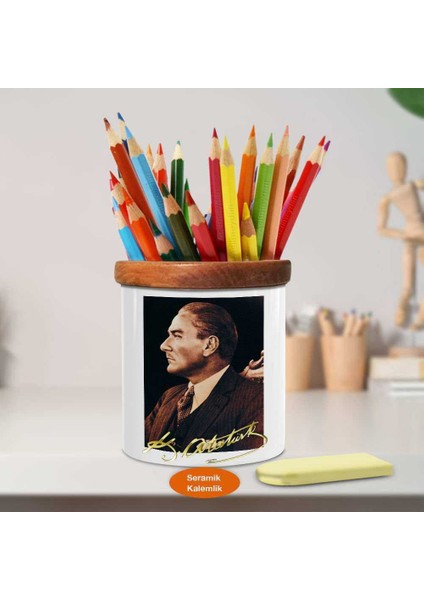 Mustafa Kemal Atatürk Ahşap Seramik Kalemlik -S145